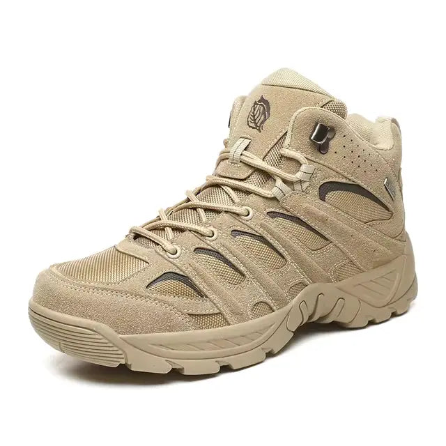 Sand-colored hiking shoes designed for outdoor adventures, offering durability and comfort for extended wear on rugged paths.