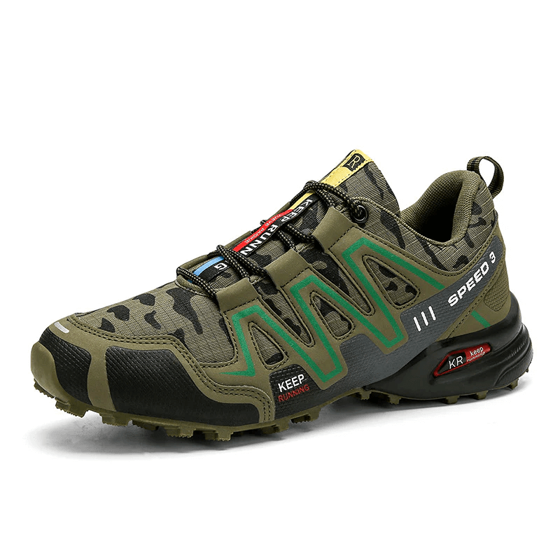 Green orthopedic hiking shoes offering enhanced foot support and stability, part of the FortisSteps Neos outdoor collection.