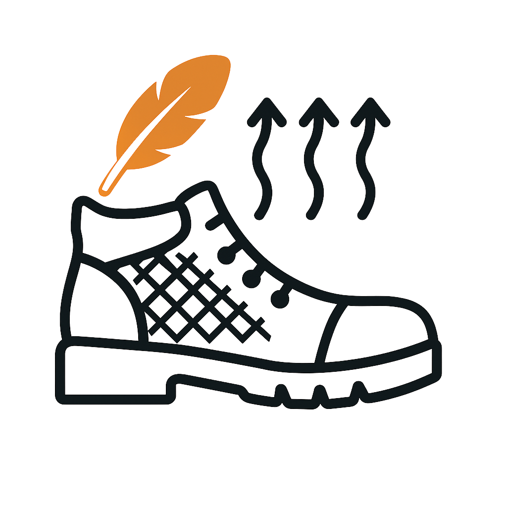 Icon depicting a lightweight breathable work shoe with orange feather and airflow arrows for FortisSteps men’s safety footwear.
