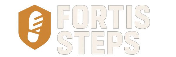FortisSteps logo with bold sans-serif lettering and an orange shield-footprint icon for men's work safety shoes brand.