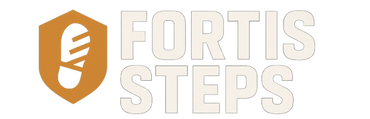 FortisSteps logo with bold sans-serif lettering and an orange shield-footprint icon for men's work safety shoes brand.