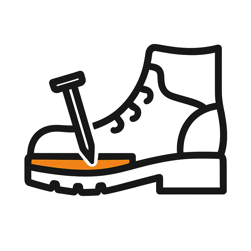 Icon showing a puncture-resistant boot sole with a nail blocked by a protective orange layer for FortisSteps men’s safety work shoes.